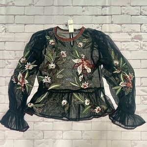 Anthropologie Black Sheer Floral Top